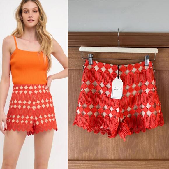 English Factory Pants - NWT English Factory Orange Lace High Rise Scalloped Hem Shorts Women’s XS